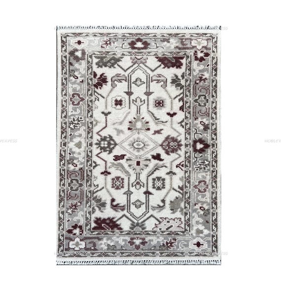 Hand Knotted Oushak Wool Rug 3x5: Ivory, Beige, Gray, Burgundy