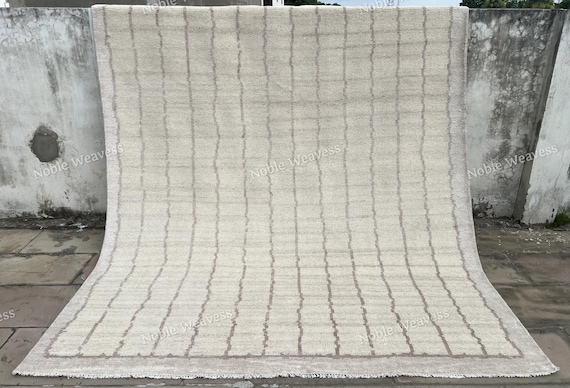 Hand Knotted Wool Rug: Ivory & Beige Vertical Stripe, Modern Minimalist 8x10