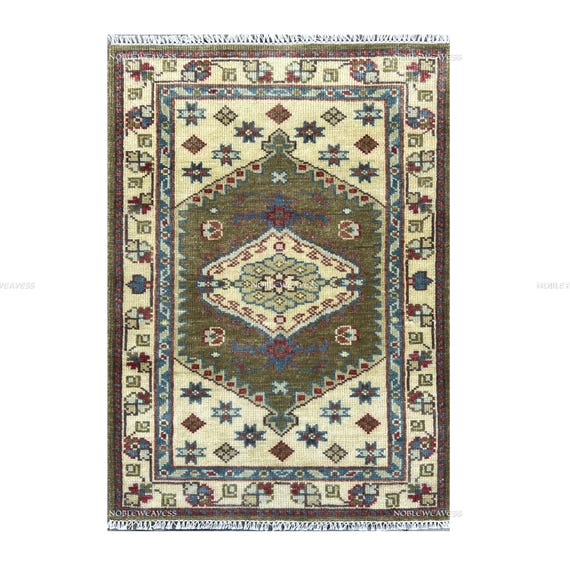 Hand Knotted Oushak Wool Rug 3x5: Olive Green, Ivory, Burgundy