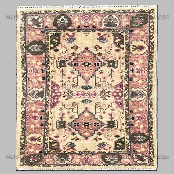 Hand Knotted Oushak Rug: Ivory & Brown Wool, Geometric Leaf Design