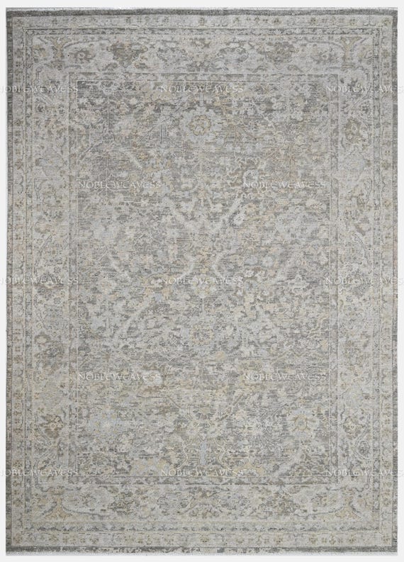 Hand Knotted Silver and Taupe Oushak Rug, Faded Distressed Turkish Floral Wool Carpet, Traditional Style Area Rug for Neutral Décor 8x10 Rug