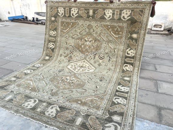 8x10 Hand knotted Oushak rug, sage green beige, geometric carpet for Living room, Bedroom