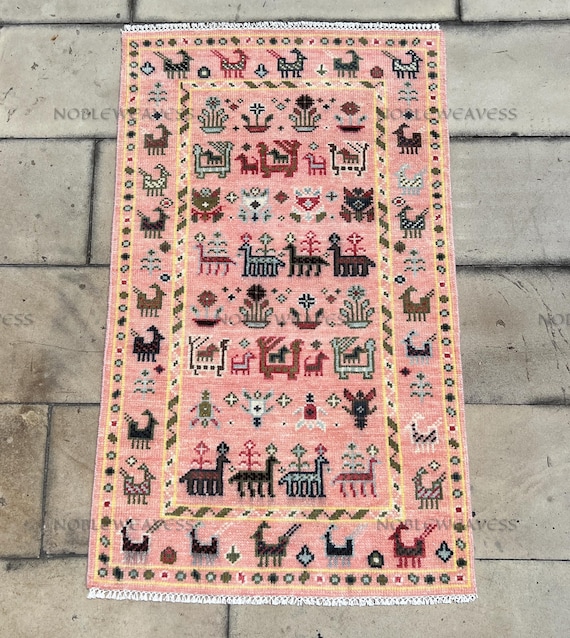 Hand Knotted Wool Oushak Rug: Tribal Animal Design, Pink Multicolor Carpet (3x5 ft.)BEDROOM