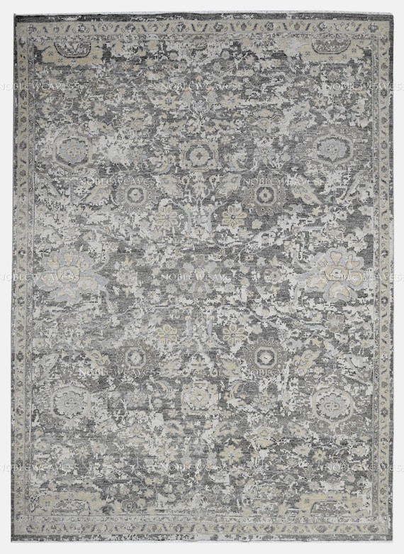 Hand Knotted Charcoal and Ivory Oushak Rug, Vintage Style Distressed Floral Carpet, Turkish Wool Area Rug for Living Room Rug, 8x10 Rug