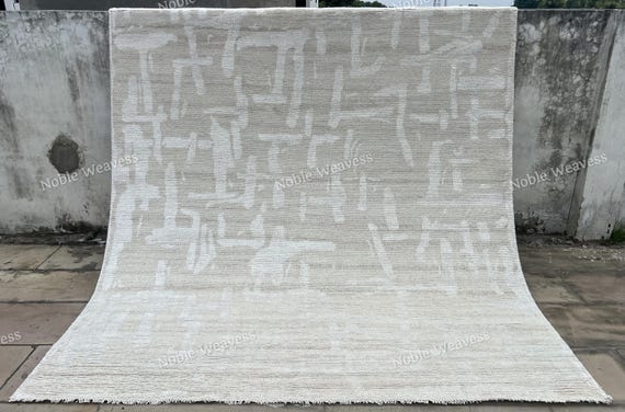 Hand Knotted Ivory Wool Rug 8x10: Minimalist Abstract Area Carpet