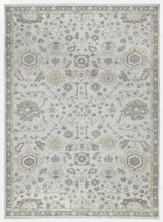 Hand Knotted Grey Beige Oushak Rug | Traditional Floral Wool Rug for Elegant Living Room & Classic Neutral Home Decor