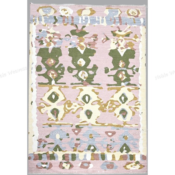 8x10 Pastel Wool Flatweave Rug, Green Pink Ivory  Boho Geometric  Carpet For Living Room