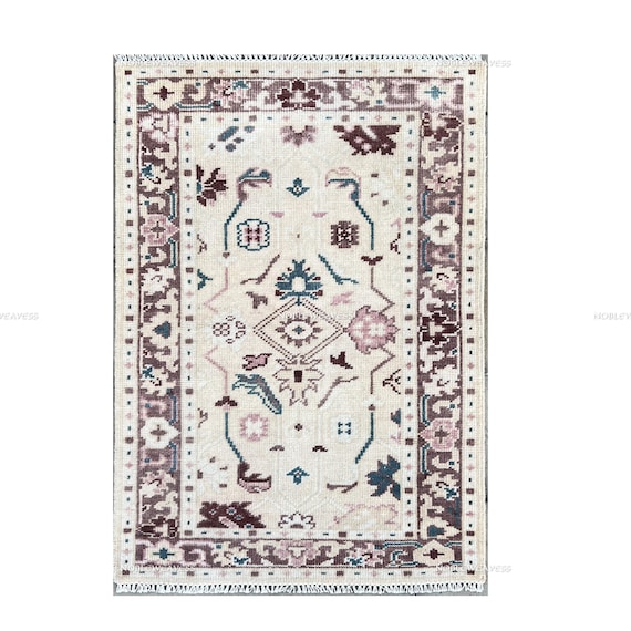 Hand Knotted Oushak Wool Rug 3x5: Ivory, Burgundy & Teal Geometric Carpet