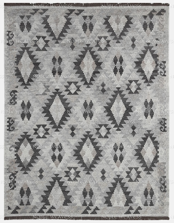 Handwoven Rug, Black/Grey/Ivory, Oriental Afghan 8x10 Rug, large 9x12 Rug, Modern Southwestern Tribal Diamond Kilim Rug, Living Bedroom Rug