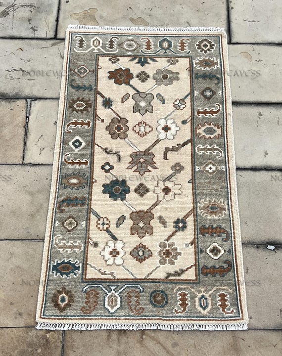 3x5 Hand knotted Oushak rug, beige brown ivory, floral Carpet for Living Room, Bedroom