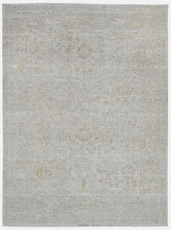 Hand Knotted Light Grey and Beige Oushak Rug, Vintage Distressed Floral Carpet, Traditional Turkish Style Area Rug for Living Room, 8x10 Rug