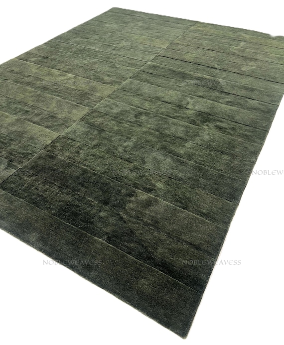 Hand Tufted Green Wool Rug — 8x10 Solid Textured Modern Wool Carpet for Living Room