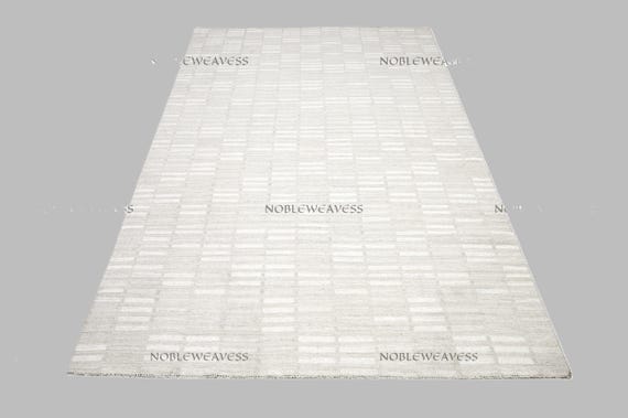 8x10 Grey Wool Flatweave Rug, Geometric Modern Area Carpet, Handmade Quick Ship Rug for Living Room