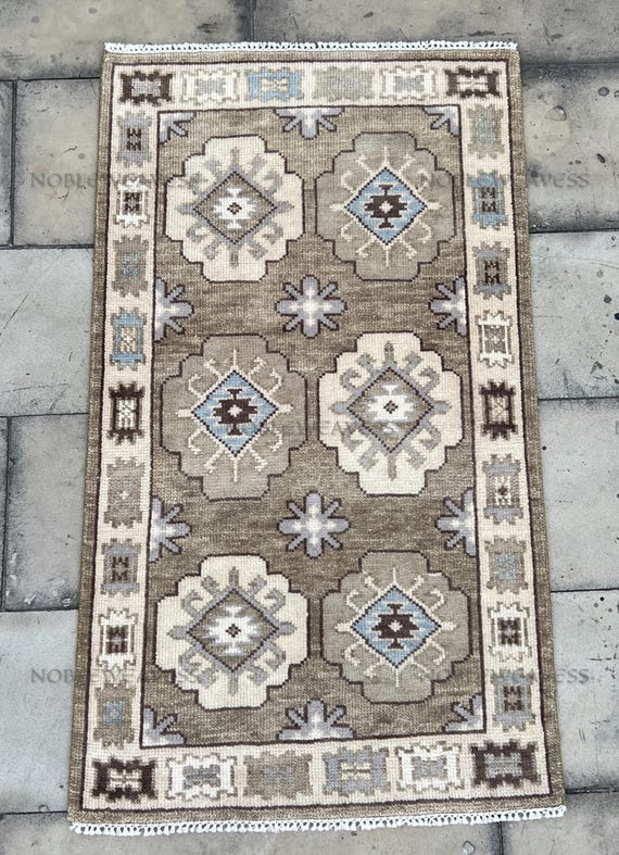 3x5 Hand Knotted Oushak Rug, Beige Brown Blue Wool Carpet, Tribal Geometric Turkish Design