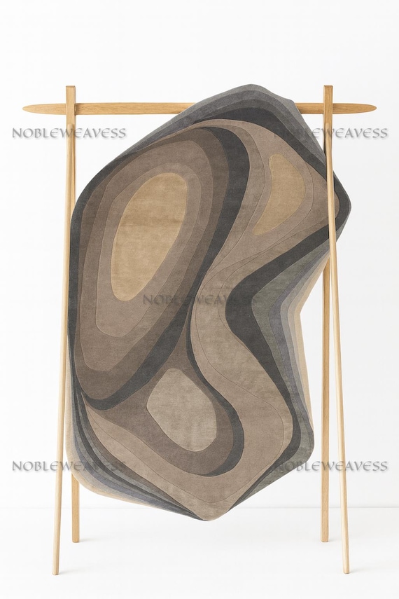 Hand Tufted Wool Rug: Modern Abstract Design, Beige Brown Grey