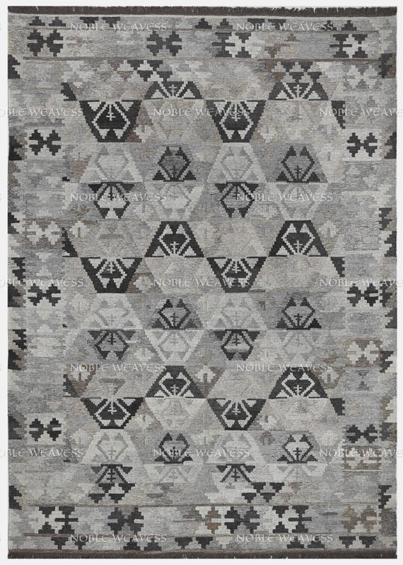 Handwoven Rug, Grey/Black/Brown/Ivory, Oriental Afghan 8x10 Rug, large 9x12 Area Rug, Geometric Tribal Hexagon Kilim Flat weaves Bedroom Rug