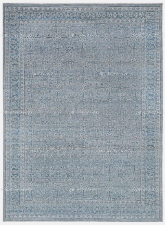 8x10 Hand knotted Oushak rug, blue ivory grey floral Carpet for Living room, Bedroom