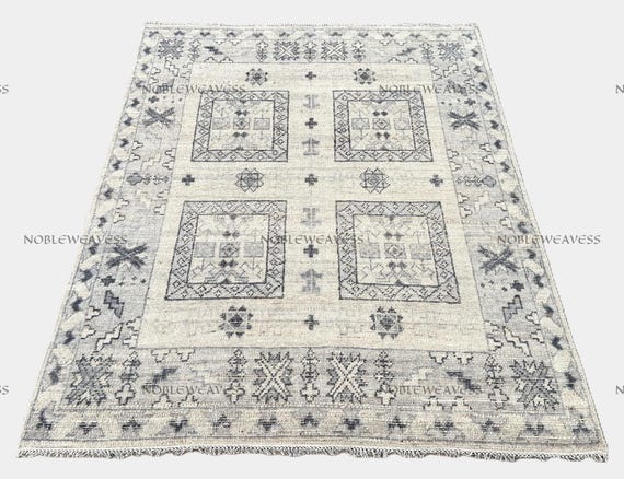 8x10 Hand knotted Oushak wool rug, ivory grey charcoal geometric squares for Living room, Bedroom
