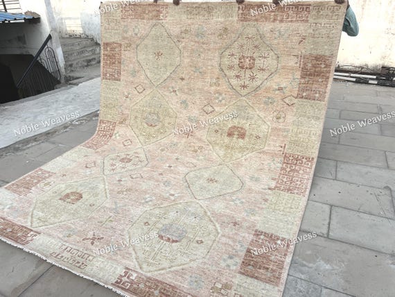 8x10 Hand knotted Oushak rug, pink beige ivory, medallion Carpet for Living room, Bedroom