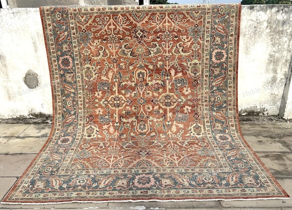 8x10 Hand knotted Oushak rug, rust blue beige, floral Carpet for Living room, Bedroom