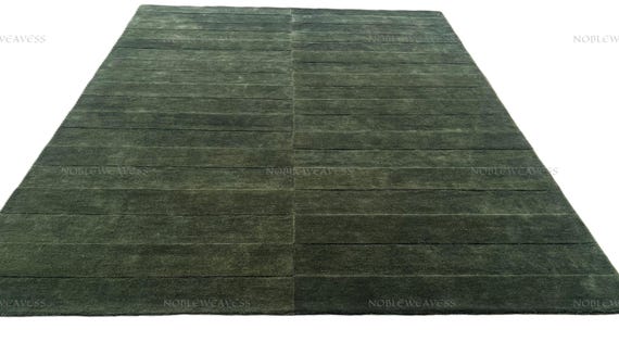 Emerald Green Wool Rug — Hand Tufted Solid Ribbed Texture Carpet, Modern Wool Area Rug for Living Room