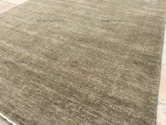 8x10 Hand knotted Oushak rug, olive green, plain solid Carpet for Living room, Bedroom