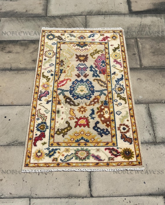 3x5 Hand Knotted Oushak Rug, Ivory Wool Carpet with Blue Mustard Red Green Pink