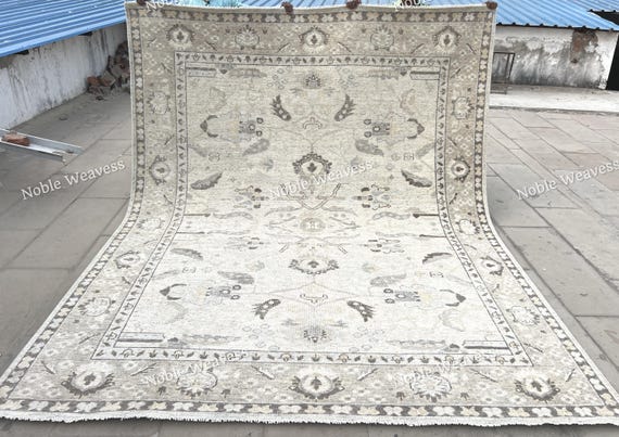 8x10 Hand knotted Oushak rug, ivory beige grey, floral Carpet for Living room, Bedroom