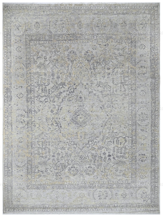 8x10 Hand Knotted Wool Oushak Rug — Grey Silver Yellow Carpet for Living Room Bedroom