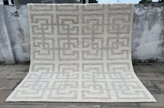 8x10 Hand knotted wool rug, ivory grey, maze design Carpet for Living room, Bedroom