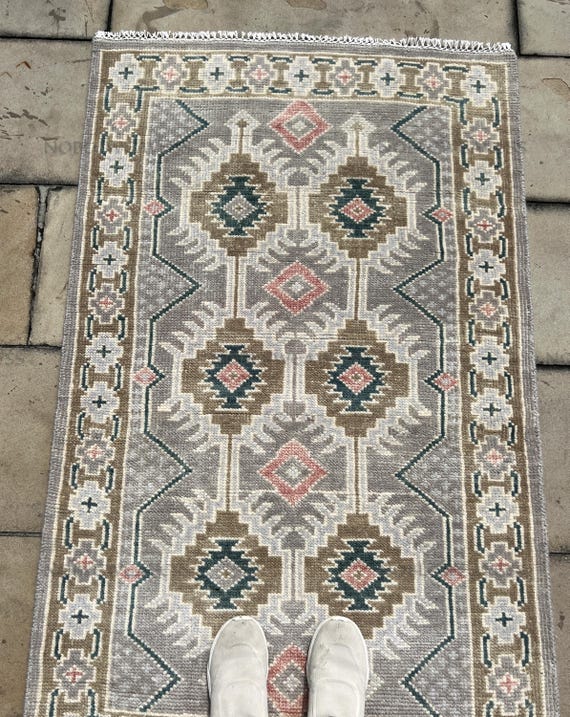 3x5 Hand knotted wool rug, grey beige green, geometric Carpet for Living Room, Bedroom