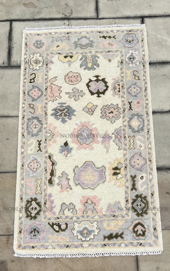 3x5 Hand Knotted Oushak Rug, Ivory Pastel Wool Carpet, Rug for Living Room Bedroom