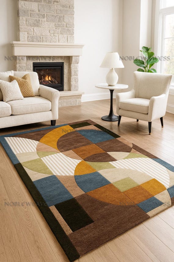 Hand Tufted Wool Rug – Abstract Geometric Design – Blue, Mustard, Green, Brown & Beige –Living Room