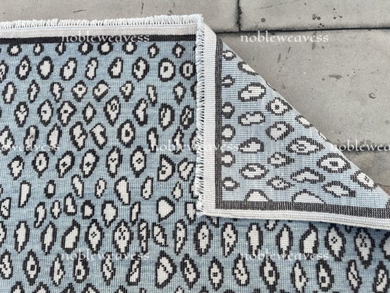 8x10 Hand knotted Oushak rug, blue ivory black, leopard Carpet for Living room, Bedroom