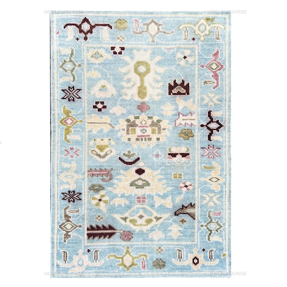Hand Knotted Oushak Wool Rug 3x5: Sky Blue, Ivory, Burgundy Geometric Carpet