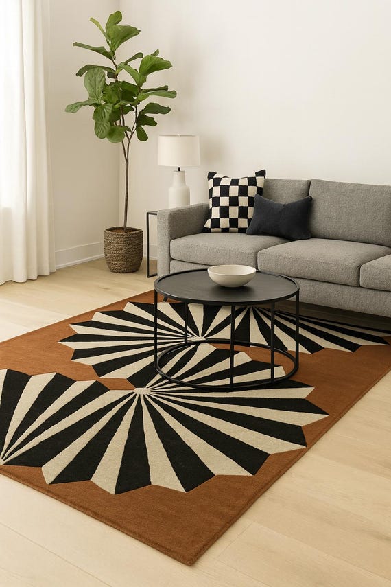 Hand Tufted Wool Rug – Geometric Fan Design – Black, Beige & Rust Brown – Bedroom