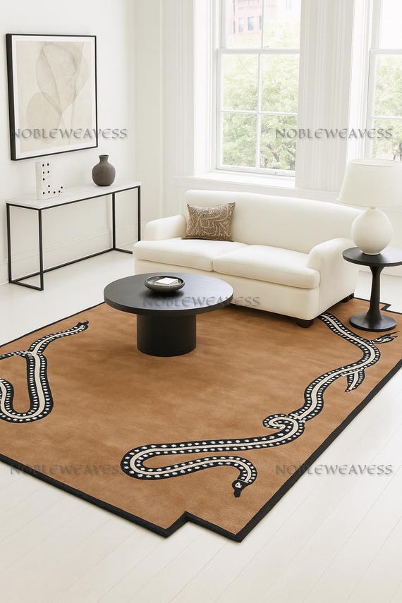 Hand Tufted Wool Rug – Snake Border Design – Camel Brown & Black – Modern Statement 6x9 Carpet for Living Room or Bedroom