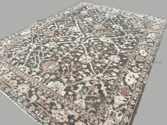 8x10 Hand knotted Oushak wool rug, grey ivory pink floral for Living room, Bedroom