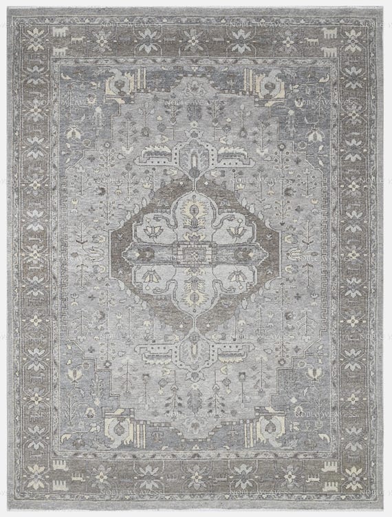 Hand-knotted grey ivory rug with tribal geometric medallion pattern – perfect for boho, rustic, and transitional living or bedroom decor Rug