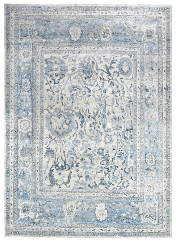 Blue Ivory Oushak Rug – 8x10 Hand Knotted Wool Distressed Vintage Persian Carpet, Neutral Living Room & Bedroom Rug