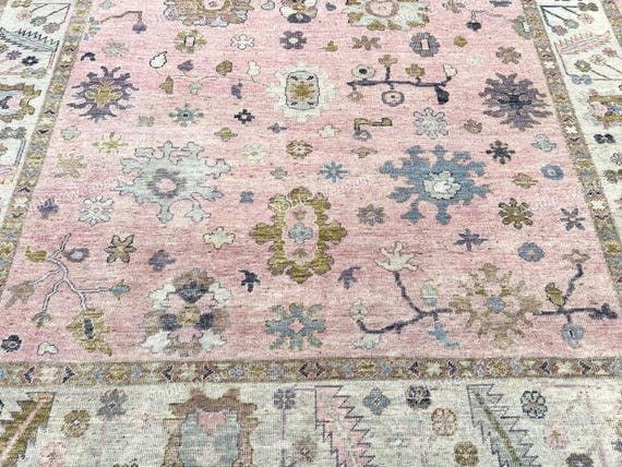 8x10 Hand knotted Oushak wool rug, pink ivory gold blue floral for Living room, Bedroom