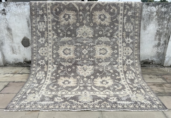 8x10 Hand knotted Oushak rug, grey ivory beige, floral Carpet for Living room, Bedroom