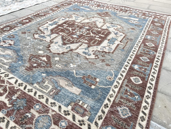 8x10 Hand knotted Oushak rug, blue rust ivory, medallion Carpet for Living room, Bedroom