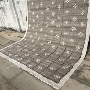 Stoffig bruin ivoor handgeknoopt wollen vloerkleed 8 x 10 – Modern tribal rasterontwerptapijt, neutraal vloerkleed voor woonkamer, slaapkamer of kantoorinrichting