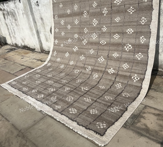 Hand Knotted Wool Rug 8x10: Modern Tribal Grid Design, Dusty Brown & Ivory
