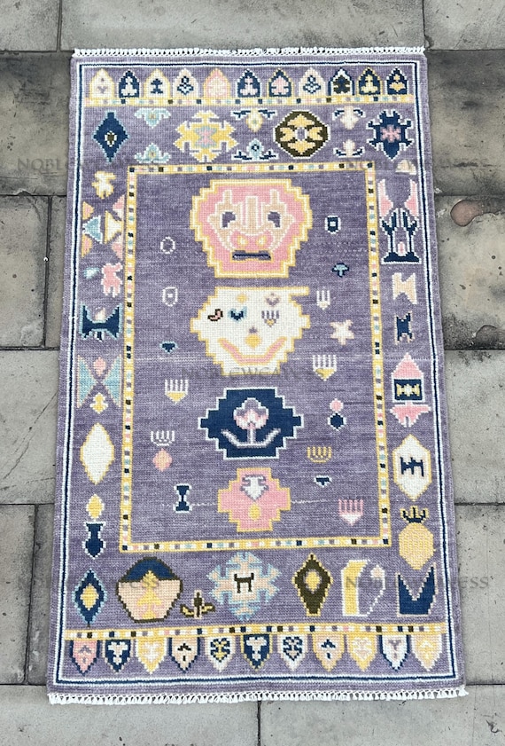 Hand Knotted Wool Oushak Rug: Purple Yellow Floral Design
