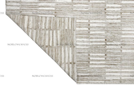 Handwoven Wool Flatweave Rug: Beige Ivory Geometric Design, Quick Ship