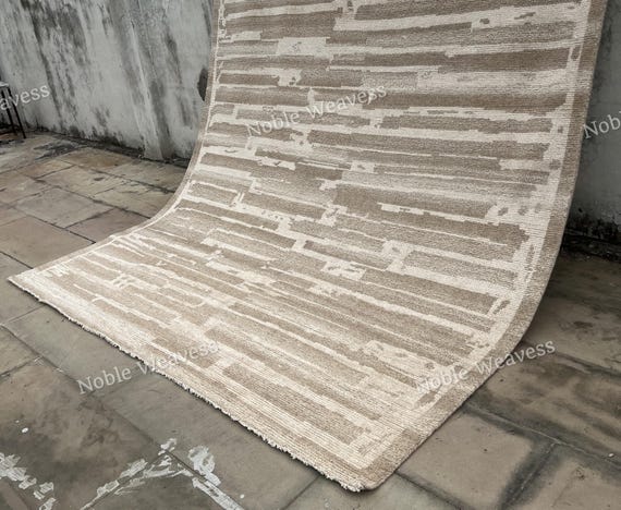Hand Knotted Wool Rug 8x10: Modern Abstract Striped Ivory Beige Carpet