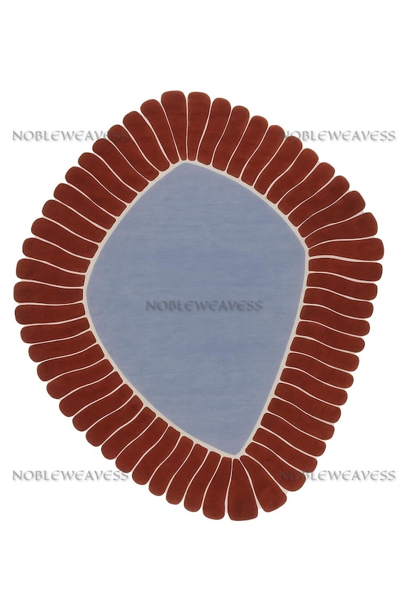 Hand Tufted Wool Rug: Blue & Terracotta Abstract Design