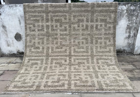 8x10 Hand knotted rug, ivory grey beige geometric maze carpet for Living room, Bedroom